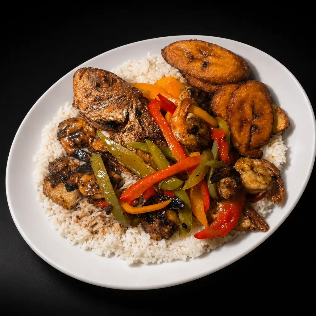 Jerk Shrimp and Fish Combination Meal.