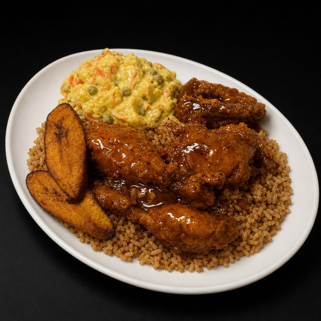 Sweet Chili Mango Glazed Fried Chicken Combination Meal.