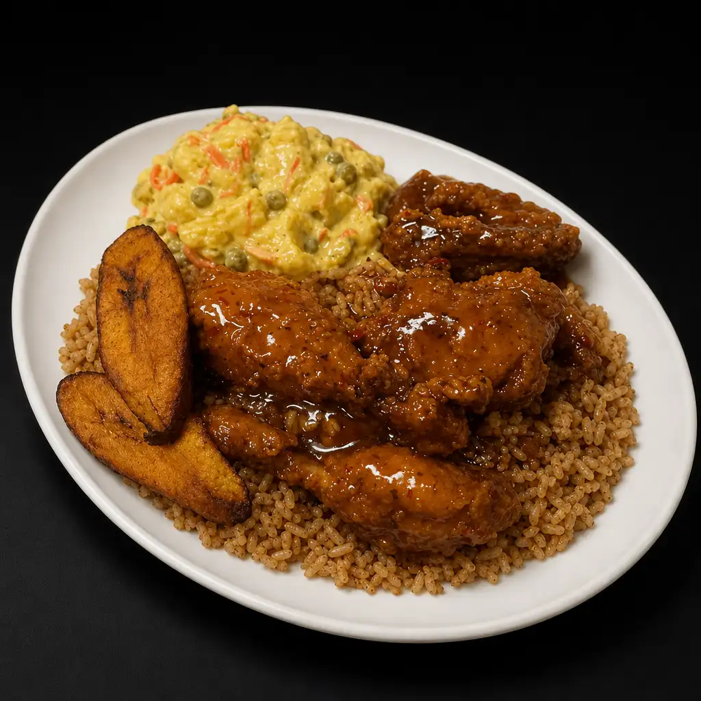 Sweet Chili Mango Glazed Fried Chicken Combination Meal.
