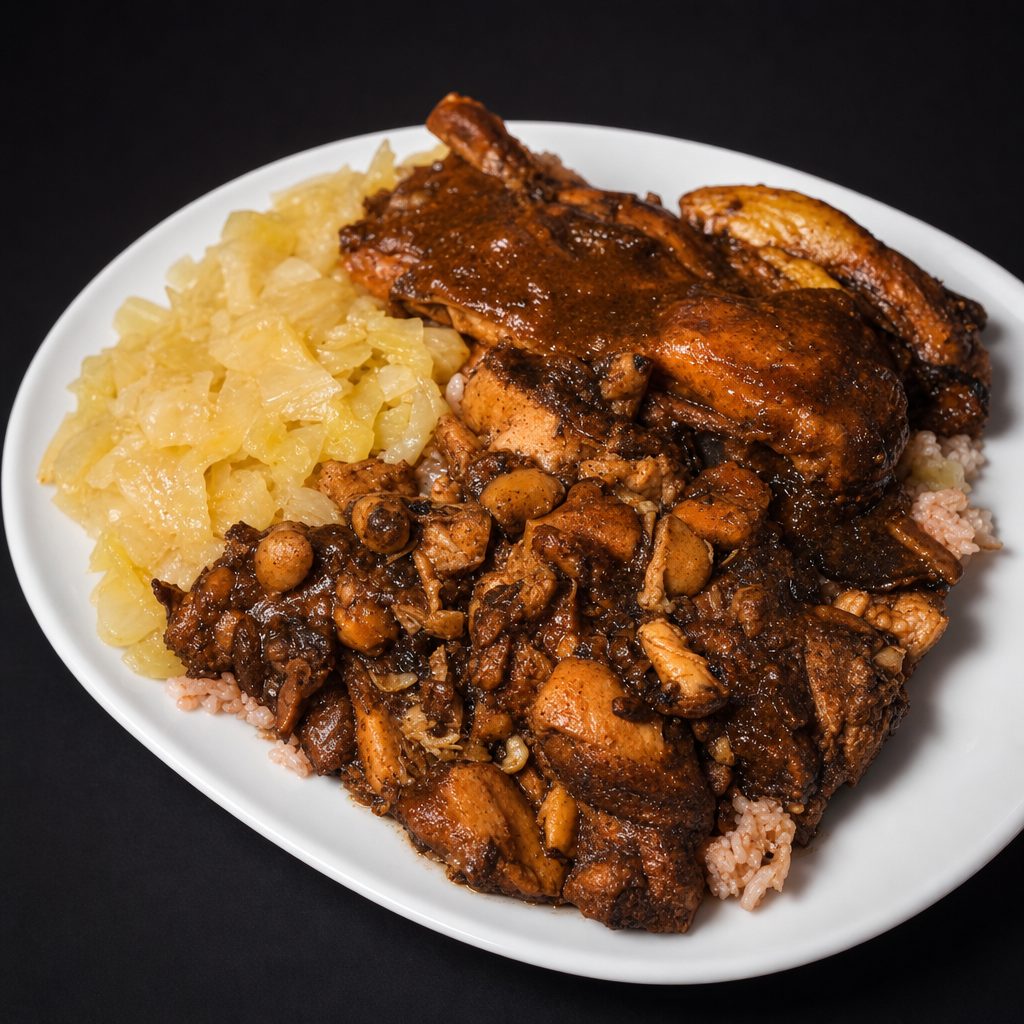 Brown Stew Chicken Combination Meal.