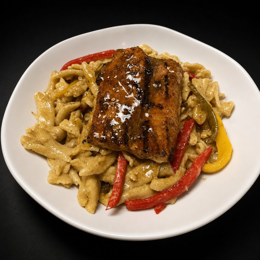 Jerk Rasta Pasta with Pineapple Jerk Salmon.