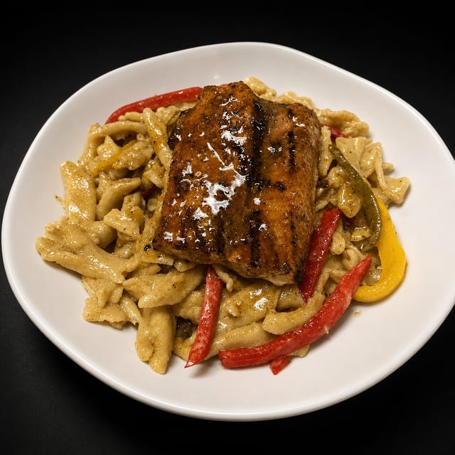 Jerk Rasta Pasta with Pineapple Jerk Salmon.